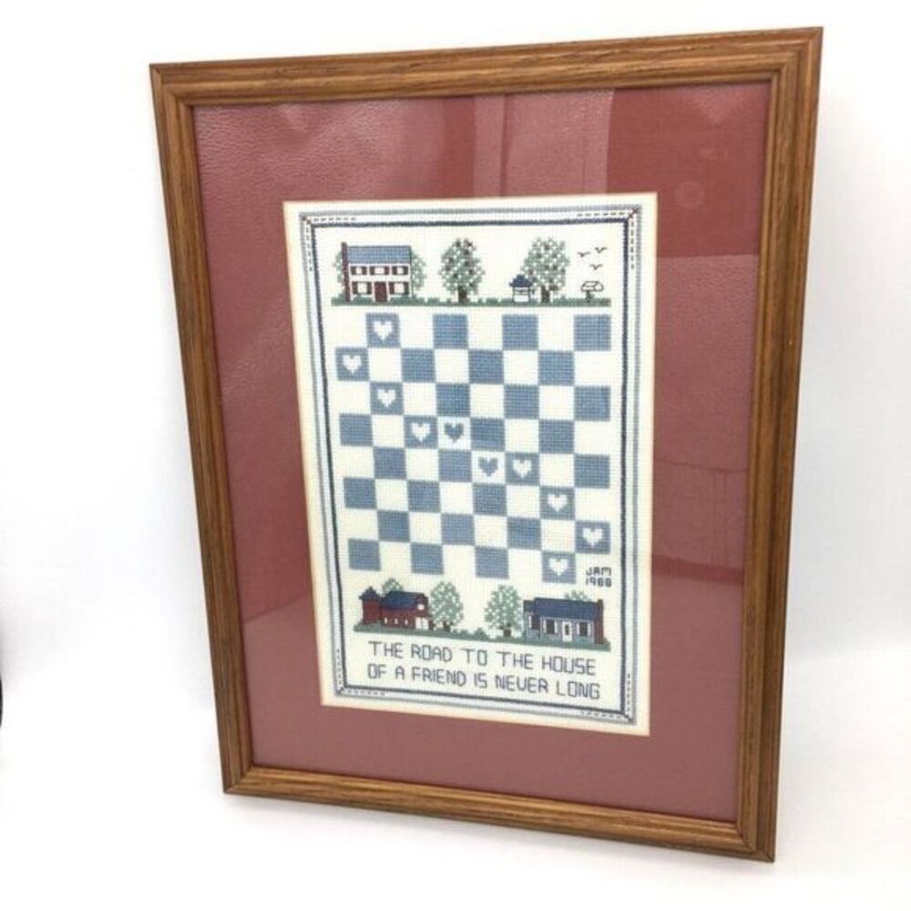 Vintage 1988 Handmade Friend Checkerboard Finished Cross Stitch Framed & Matted